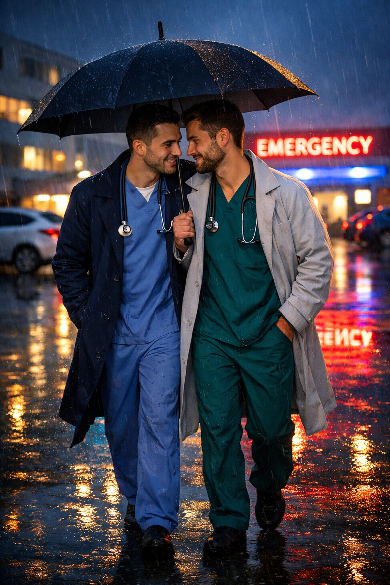 Two gay doctors share a protective moment under an umbrella in a rainy hospital parking lot.