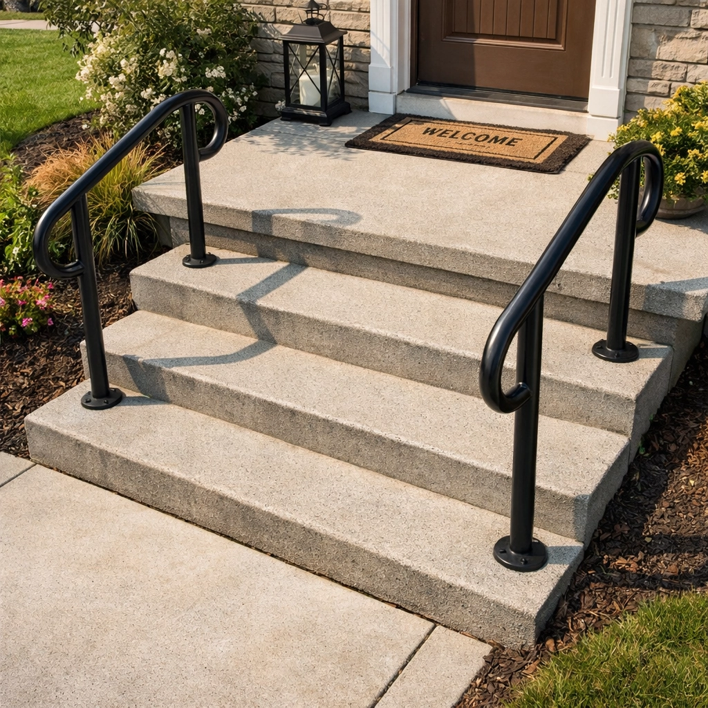 Outdoor steps with dual contoured handrails and a non-slip concrete surface for safe entryway access.