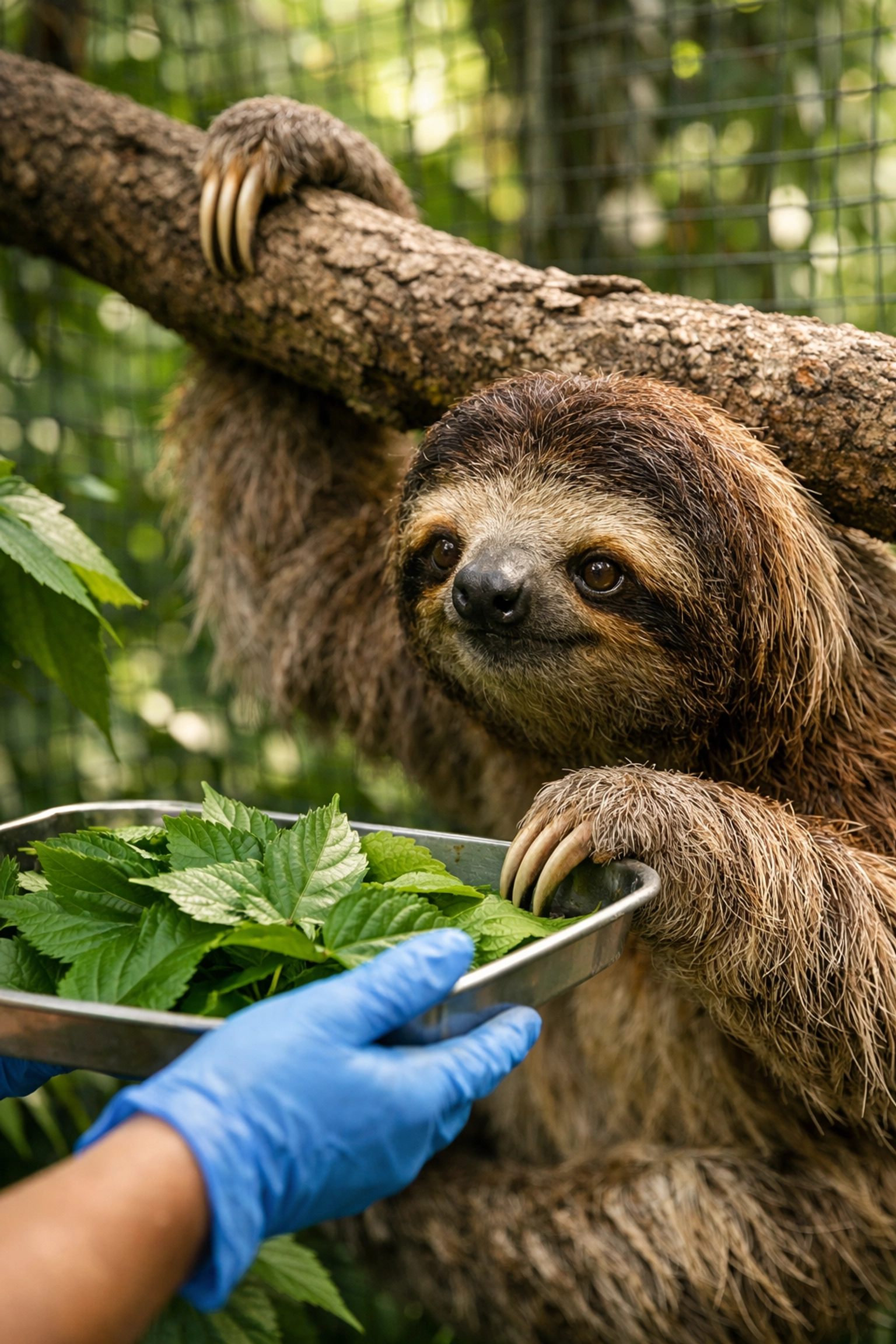 Student volunteer feeding a rescued sloth at a conservation center during a school trip to Costa Rica.