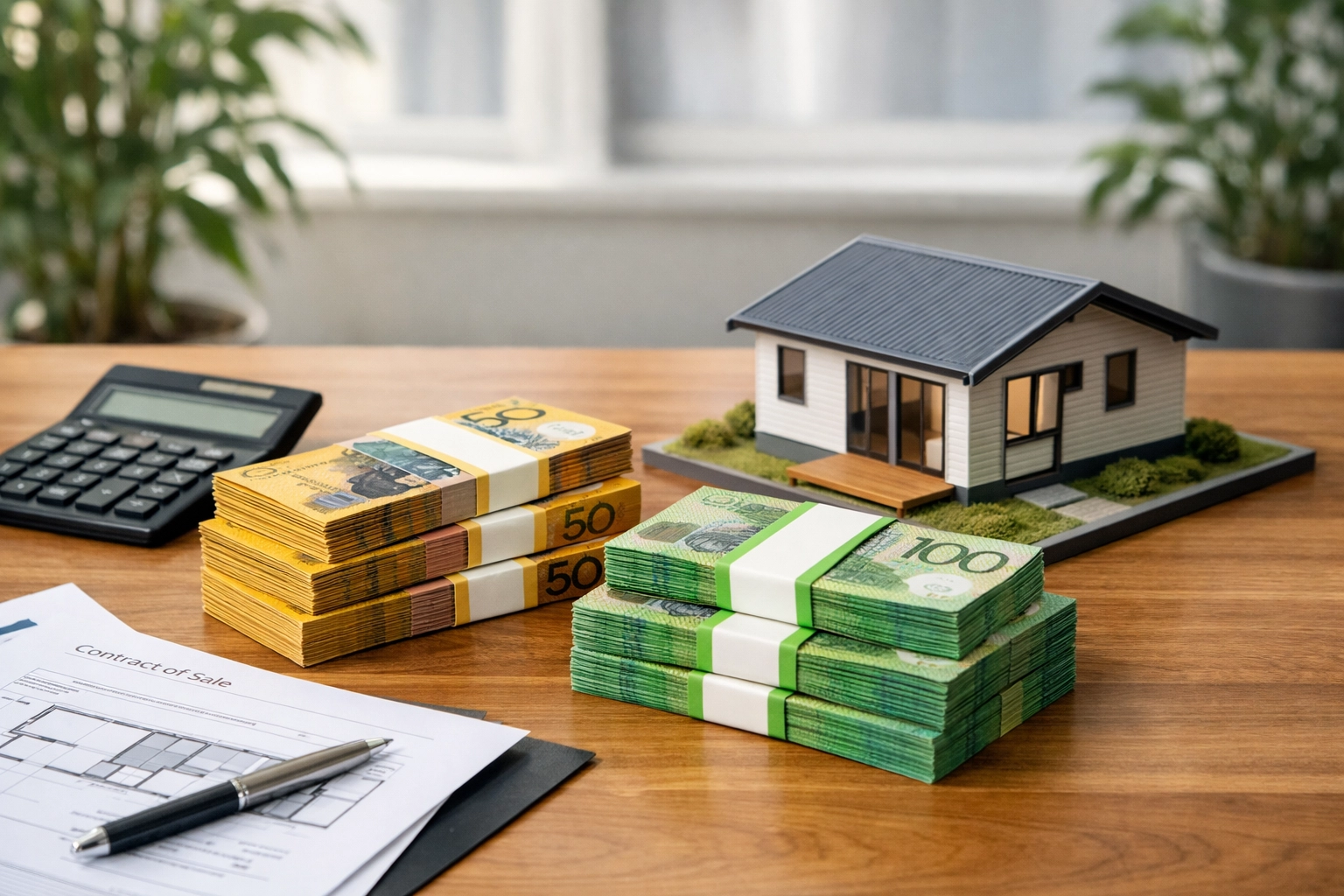 Australian currency with calculator and granny flat model showing investment returns