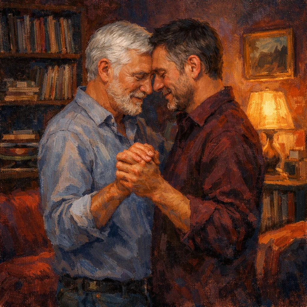 Two men dancing together in cozy home setting, celebrating MM romance at any age