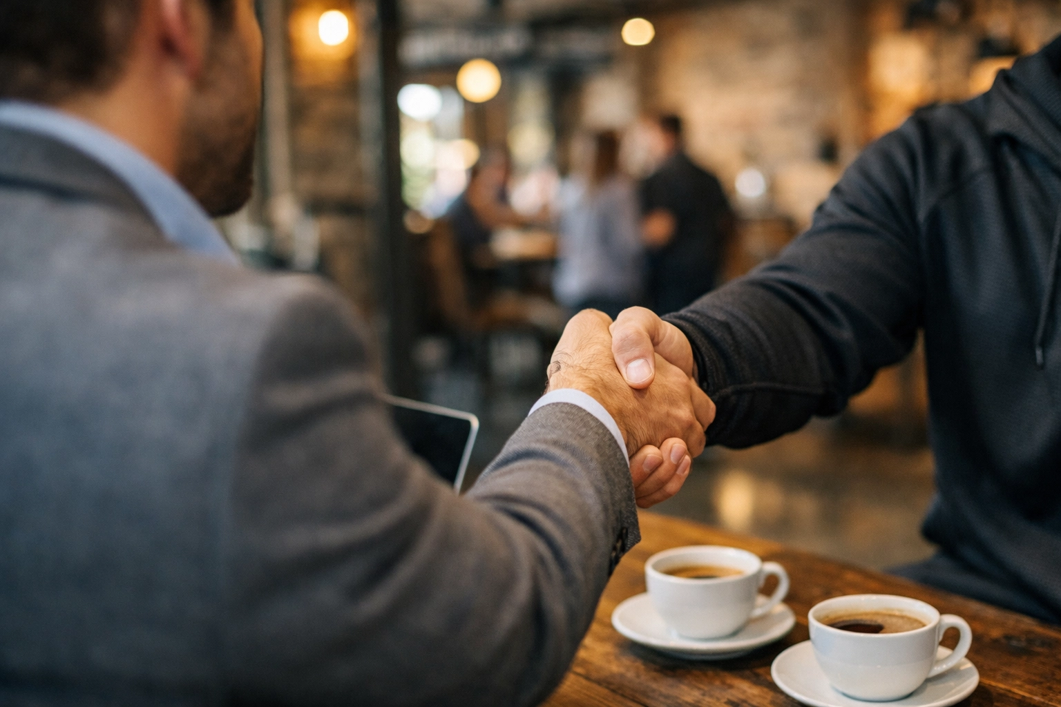 NIL agent and student-athlete shaking hands to represent a successful sports marketing partnership.