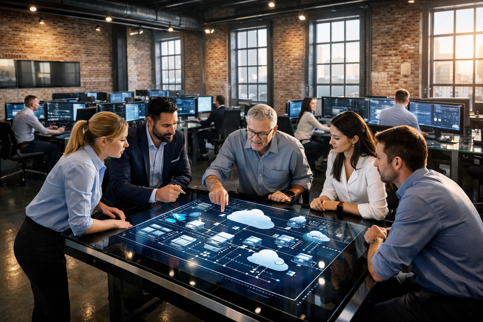 Professionals collaborating on cloud architecture diagrams in a modern career-ready training hub.
