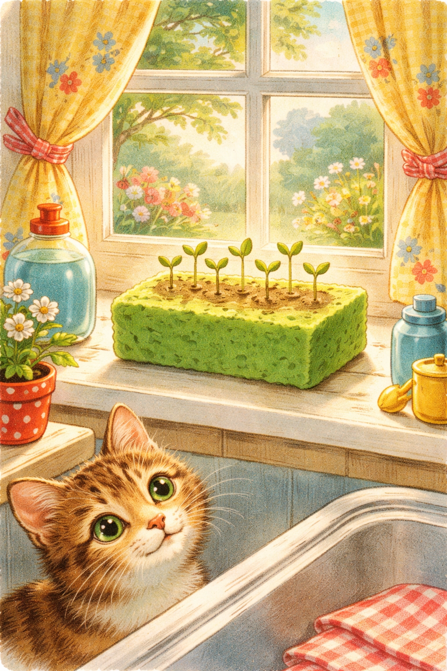Vintage kitchen illustration of a green sponge on a windowsill with sprouting seedlings and natural sunlight, showing seed starting for kids