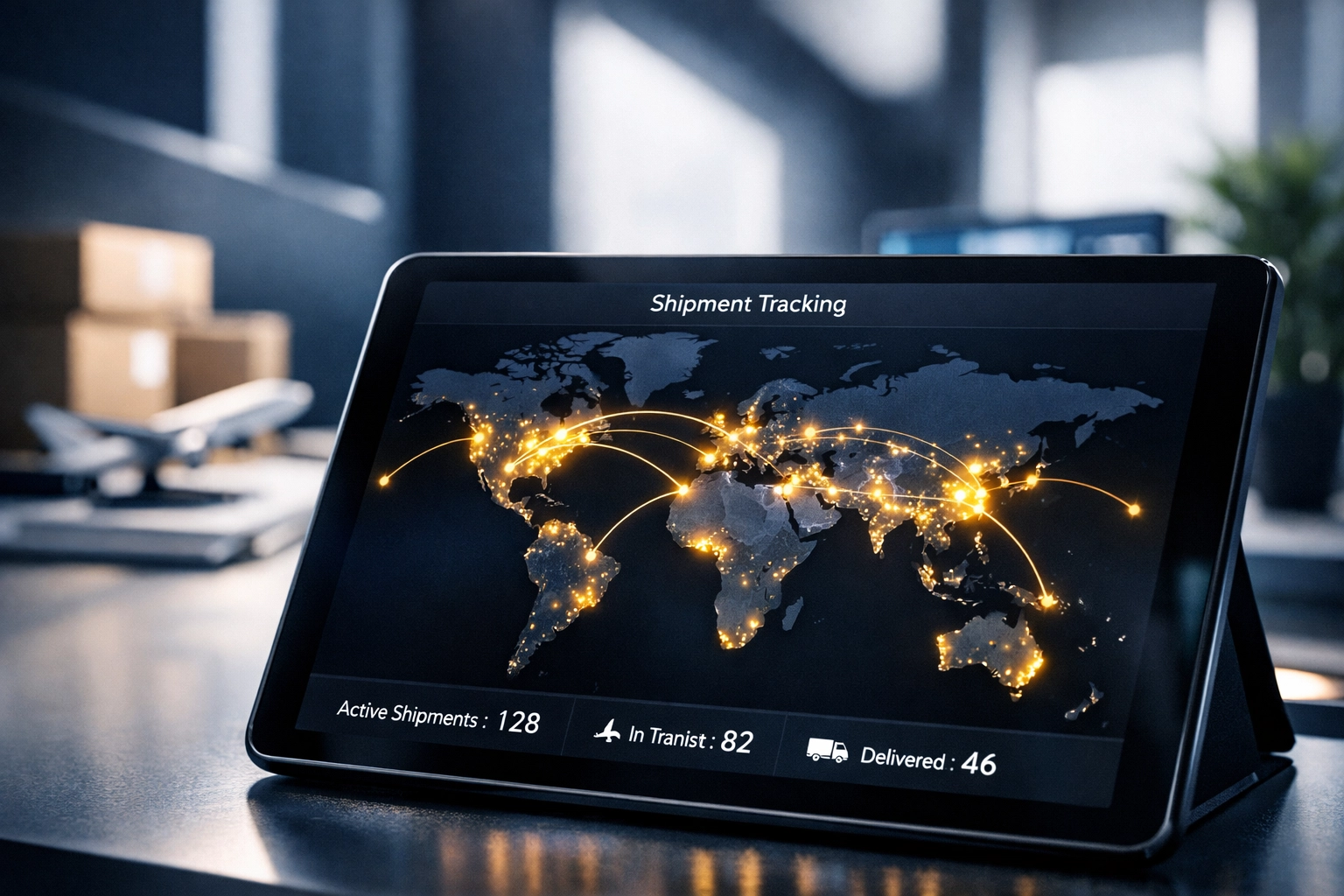 Digital tablet showing real-time shipment tracking map for global logistics management.