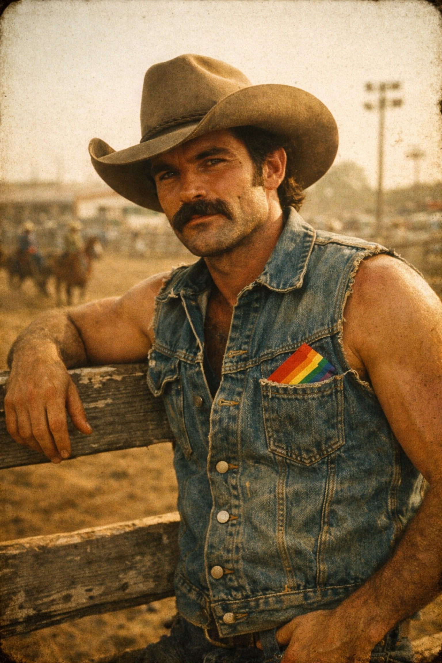 Vintage 1970s photograph of a gay cowboy with a rainbow bandana at a dusty rodeo arena.