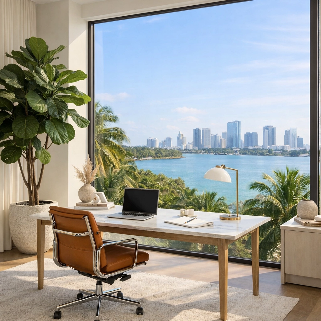 A bright, modern home office in Palm Beach County with floor-to-ceiling windows overlooking a tropical landscape.