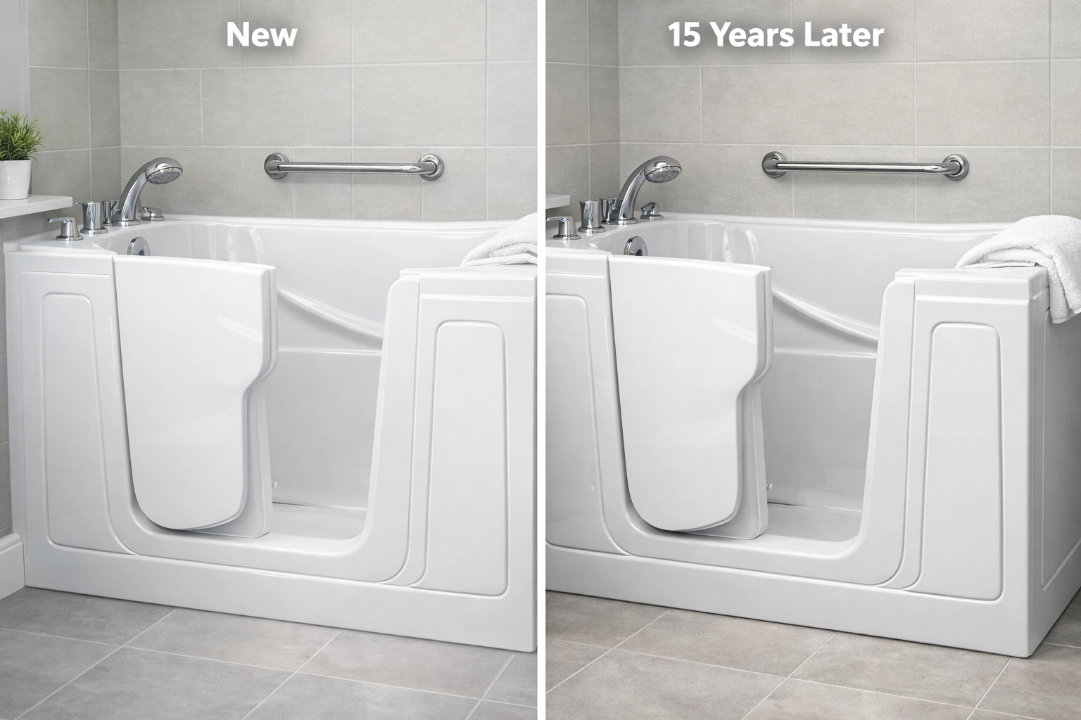 Acrylic walk-in tub durability comparison showing lasting shine over 15 years