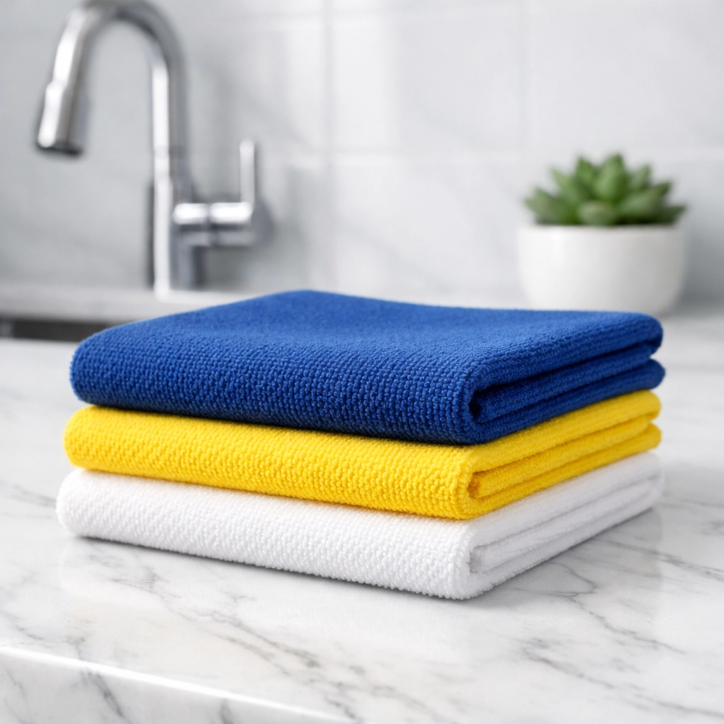 Color-coded microfiber cloths on a kitchen counter for sanitary apartment cleaning in Boston.