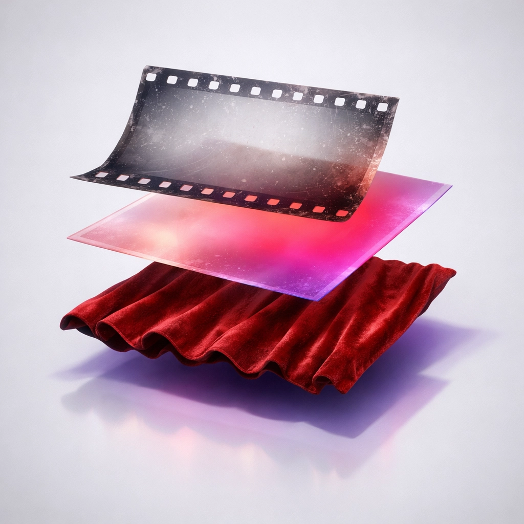 Red velvet curtains and vintage film-style frames used to recreate a classic sit-in photo booth aesthetic in Pictor