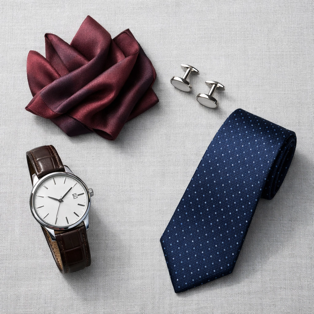 Men's cocktail attire accessories including pocket square, cufflinks, watch, and silk tie