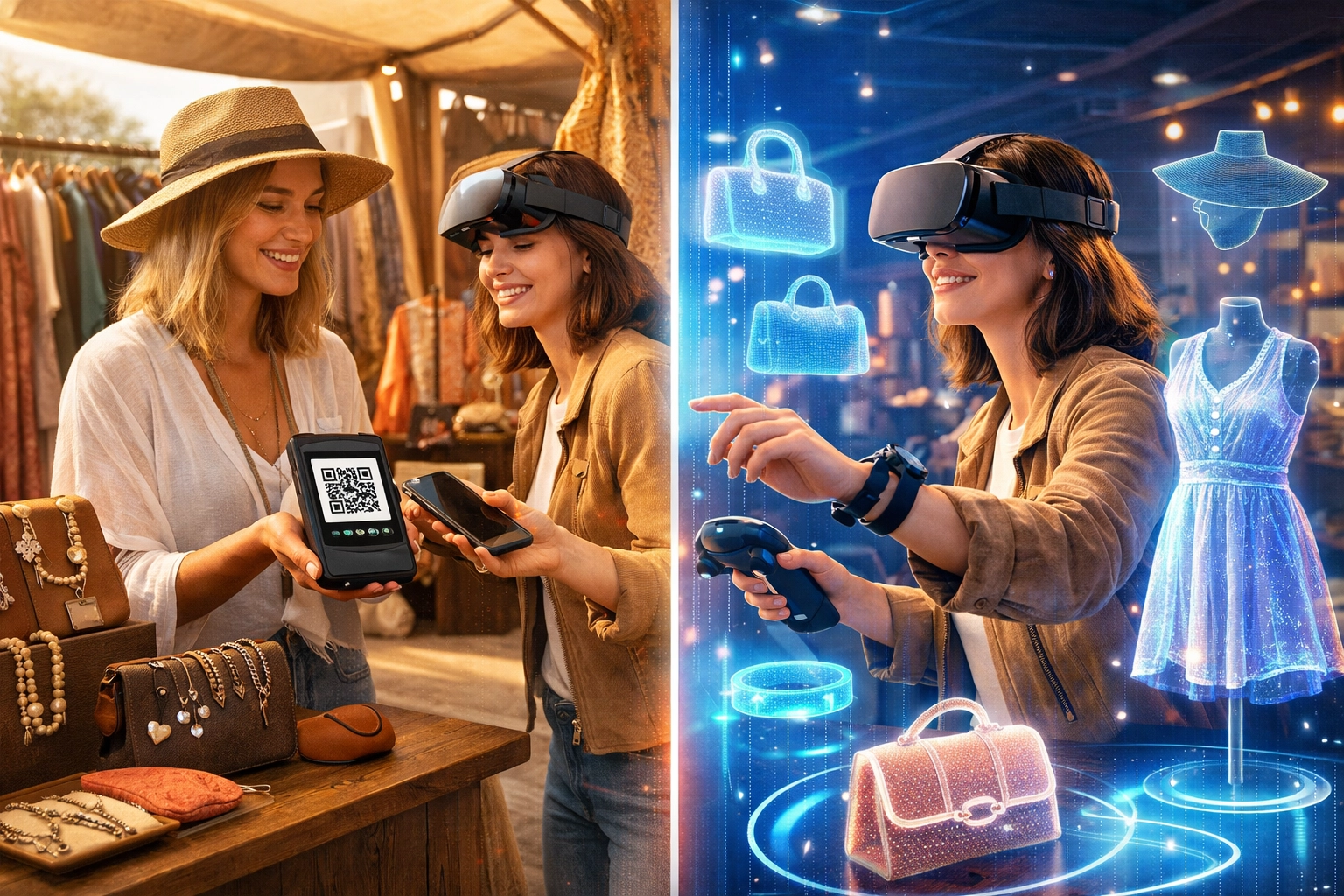 Split view of physical pop-up shop with QR payments and matching virtual reality store showcasing hybrid commerce