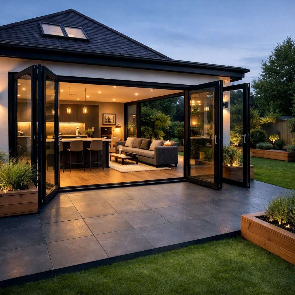 Finished modern extension with bifold doors and a landscaped patio showing high-quality external finishes.