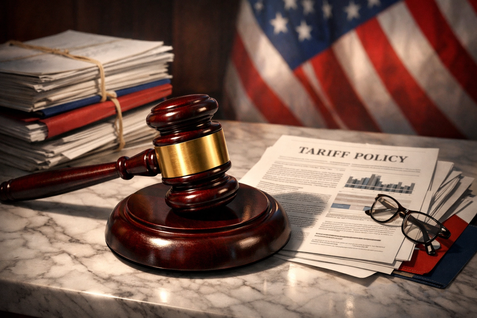 Supreme Court gavel and legal documents symbolizing tariff authority ruling