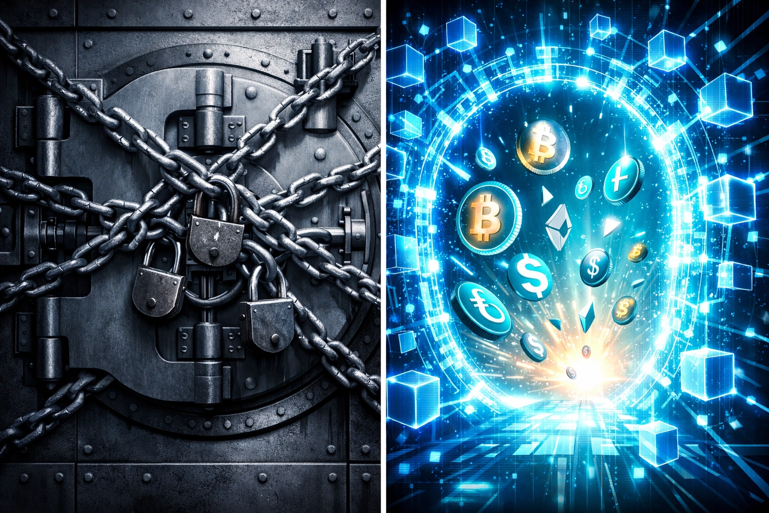 Traditional banking vault versus open decentralized LUSD stablecoin network