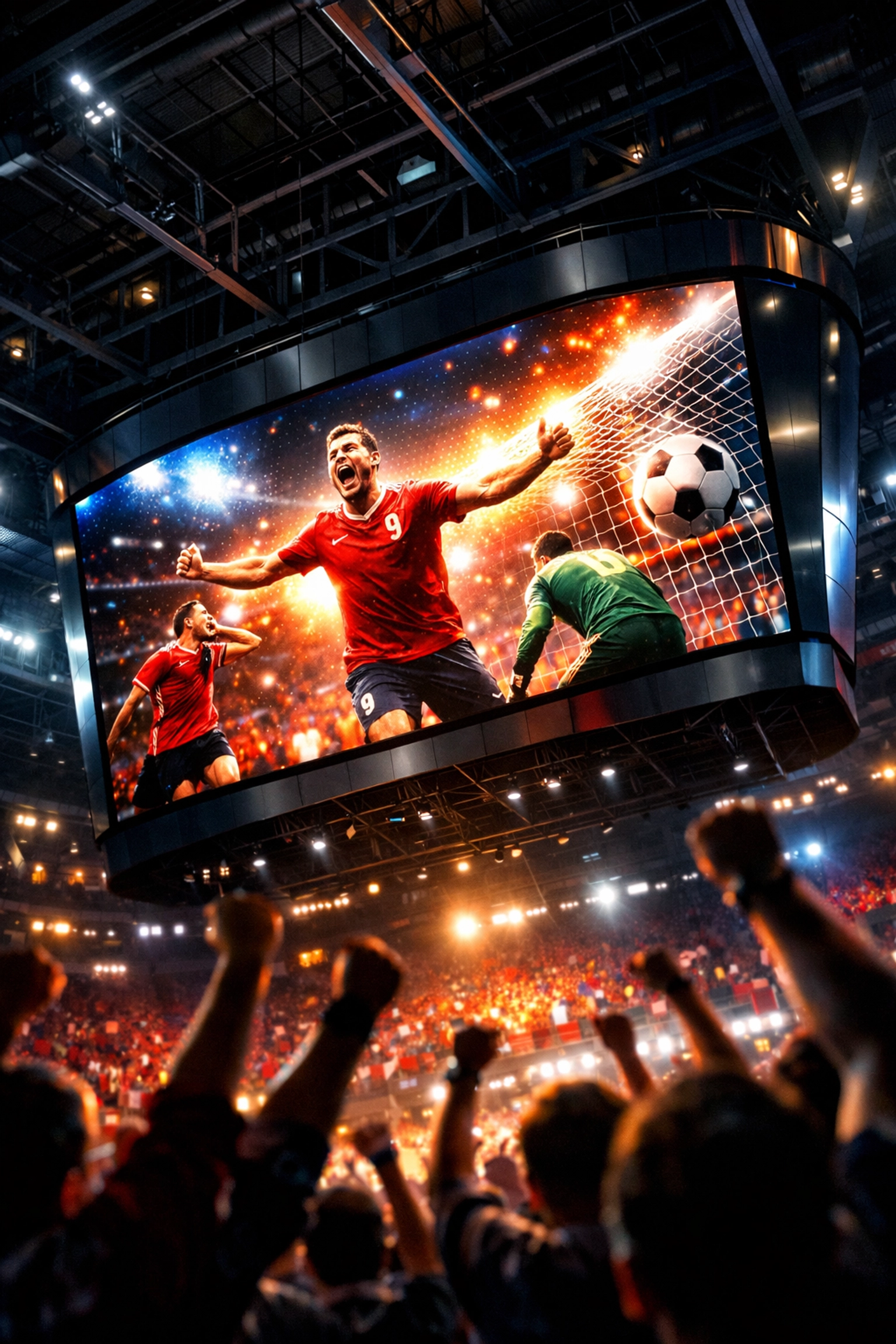 A massive stadium digital screen showing real-time content to celebrating fans.