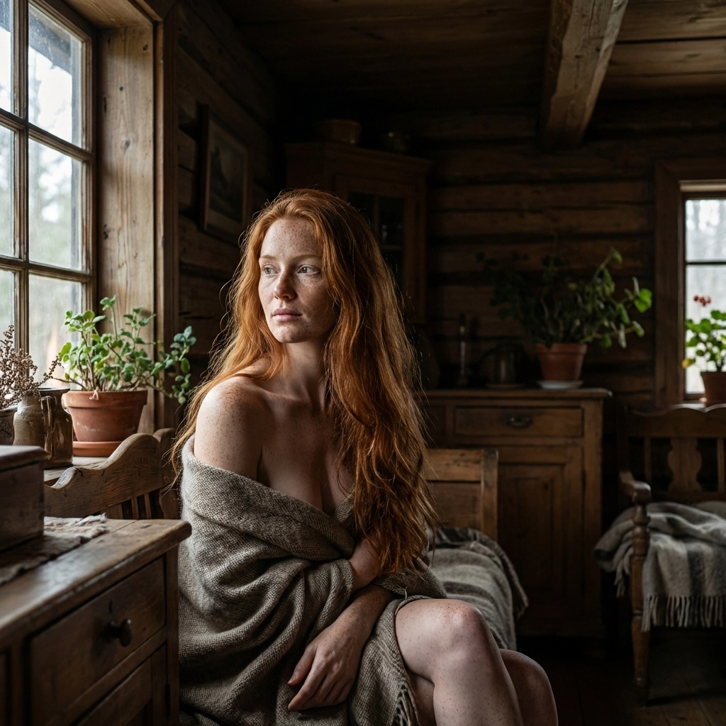 Redhead model nude in an Oregon cabin, capturing radiant skin textures in a fine art nude photography masterclass.