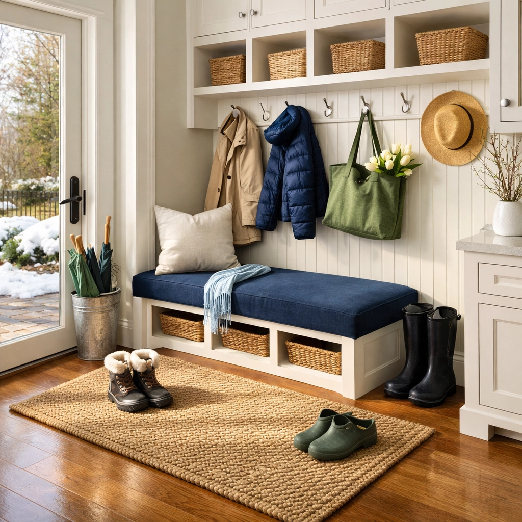 Clean mudroom in a Newton home with polished hardwood floors, essential for a successful cleaning routine.