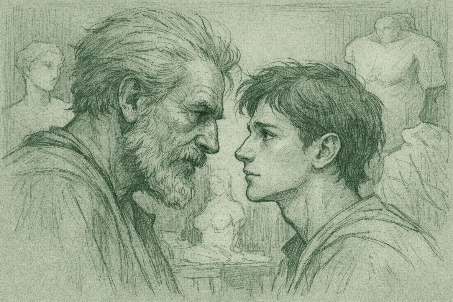 Bearded sculptor and young apprentice face to face in Roman art studio - emotional gay romance