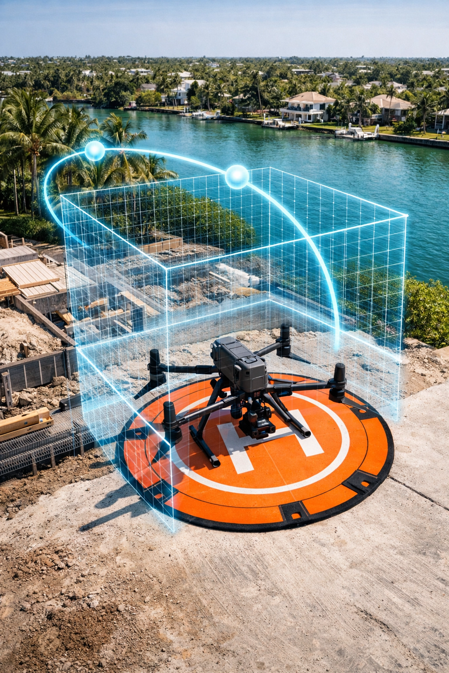 Licensed drone pilot performing mission planning for commercial drone services at a Southwest Florida job site.