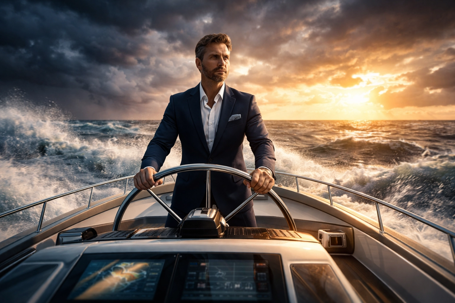Confident investor steering a yacht through stormy seas, symbolizing strategic portfolio management in volatile markets