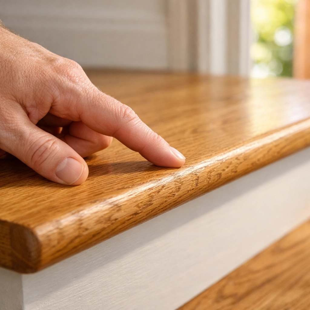 Close-up of a hand checking a wooden stair tread for stability during a home safety inspection.