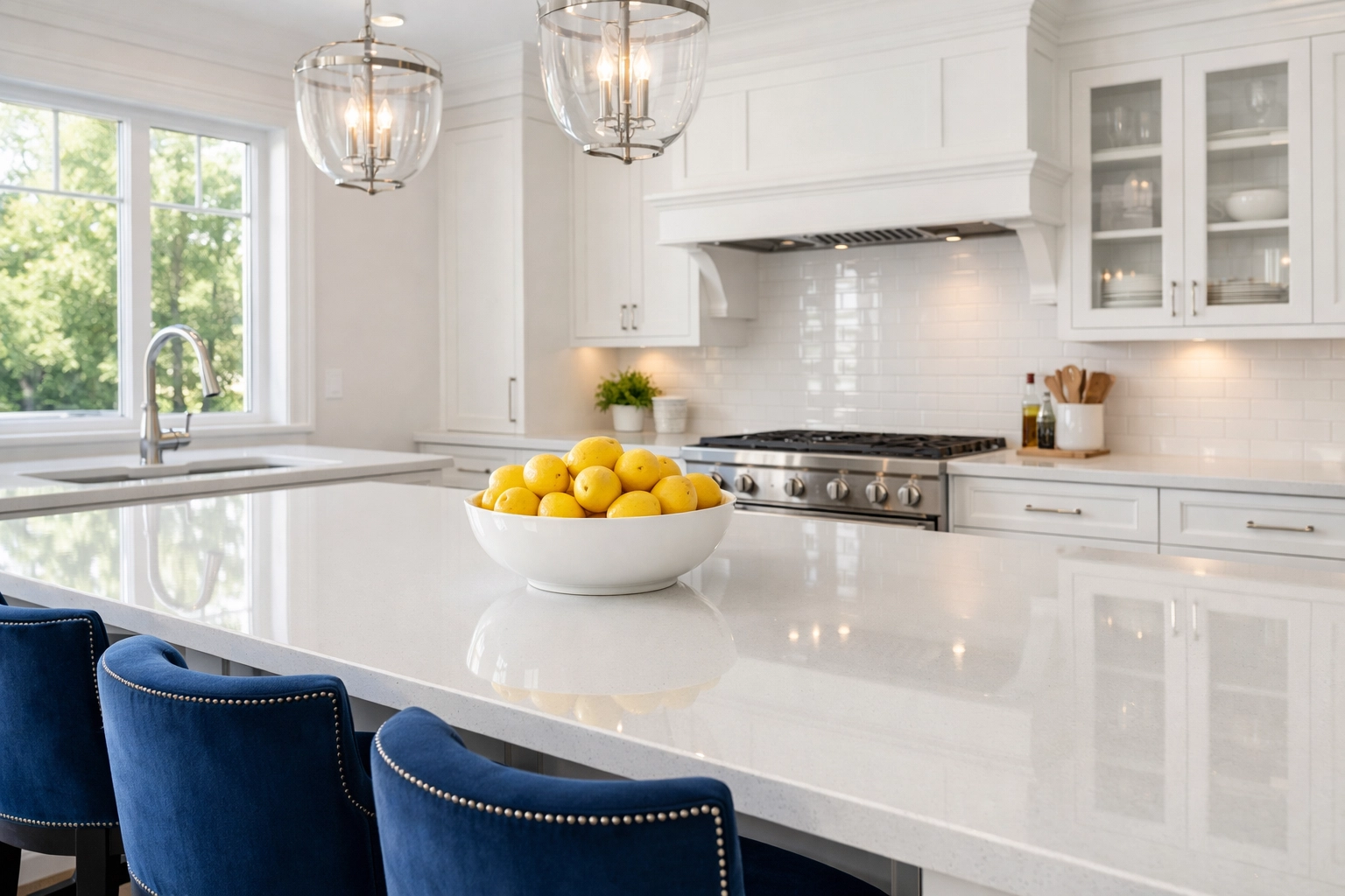 Modern luxury kitchen with clean quartz countertops after a bi-weekly house cleaning service in Southborough.