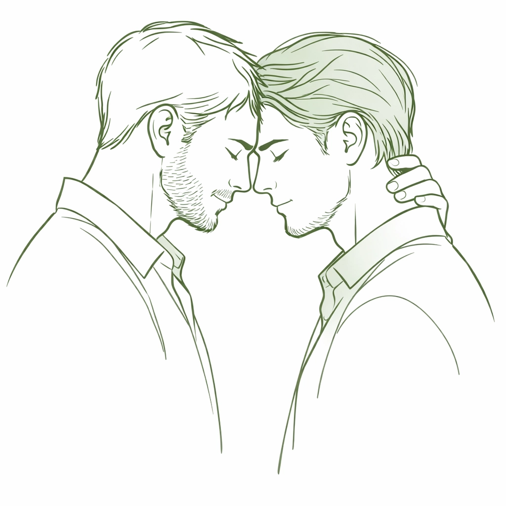 Two men in a green minimalist drawing share an intimate moment of trust and emotional healing.