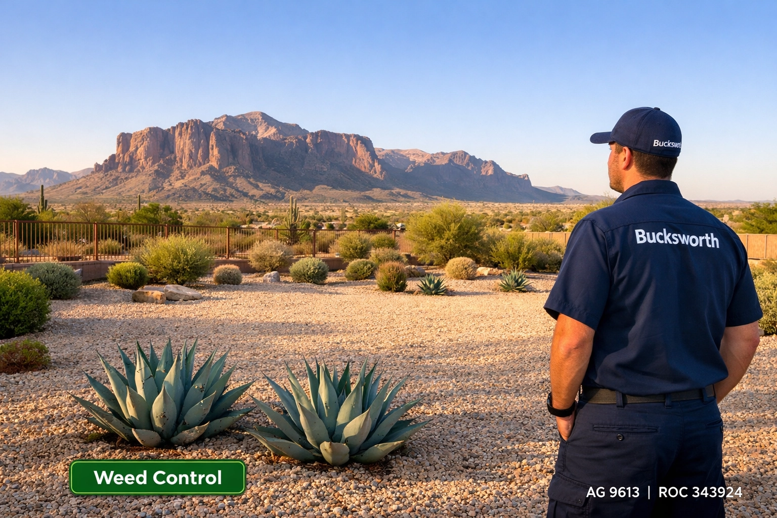 Weed-free desert landscaping in Apache Junction AZ with views of the Superstition Mountains.