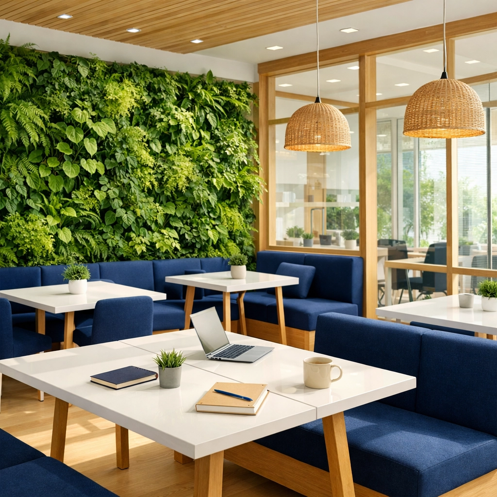 Eco-friendly office space in Milton with green plants and bright collaborative workspace.