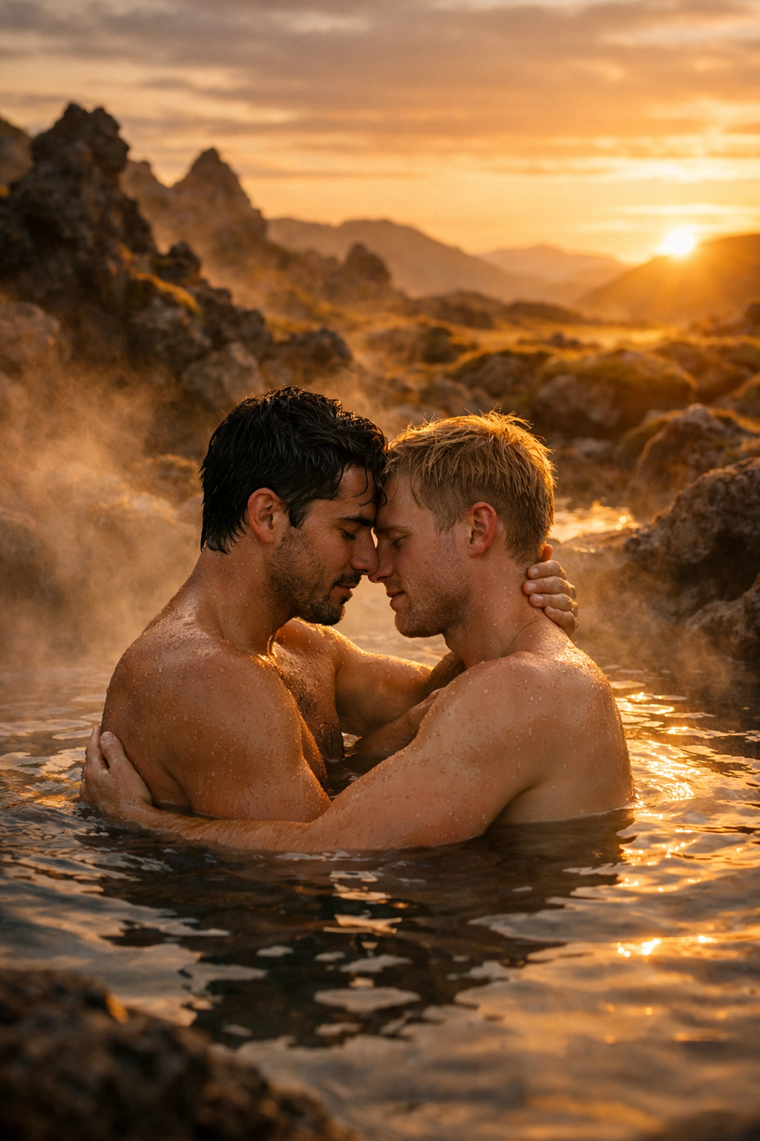 Gay couple embracing in Icelandic hot spring surrounded by volcanic landscape at sunset