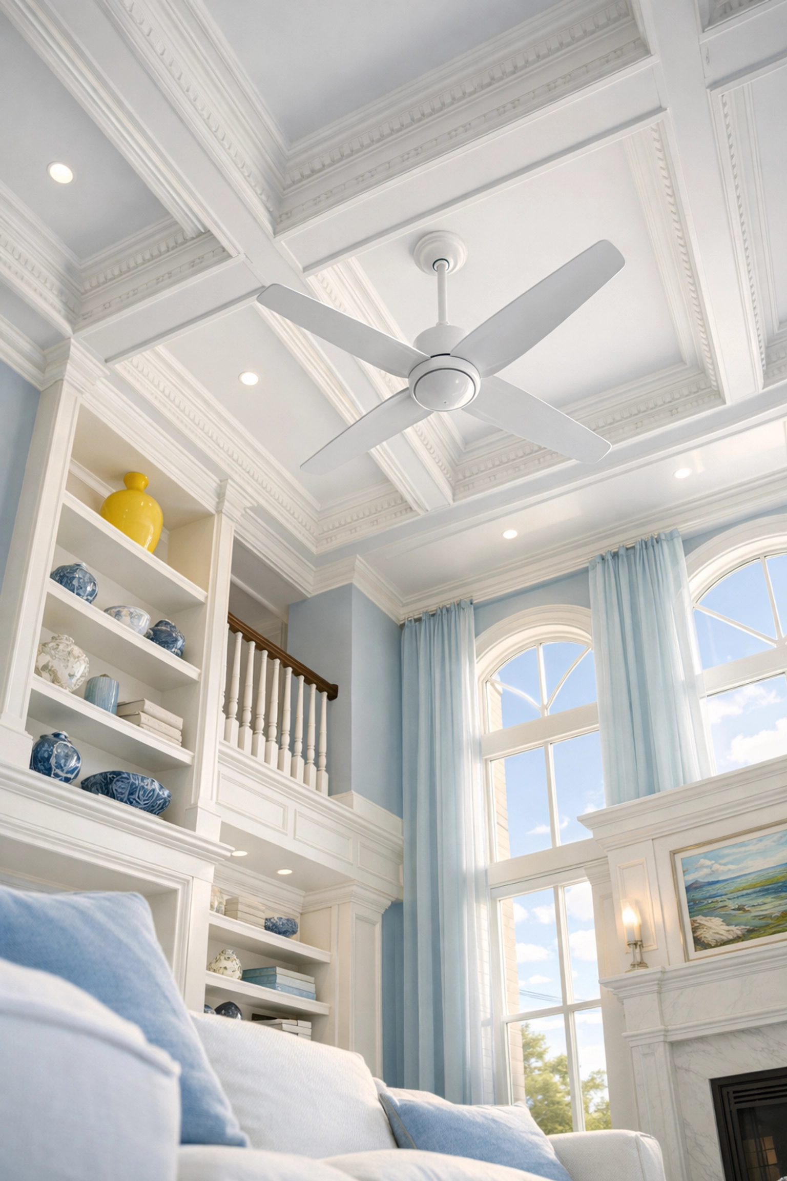 Pristine high ceilings and clean ceiling fans in a Townsend MA home after professional house cleaning.