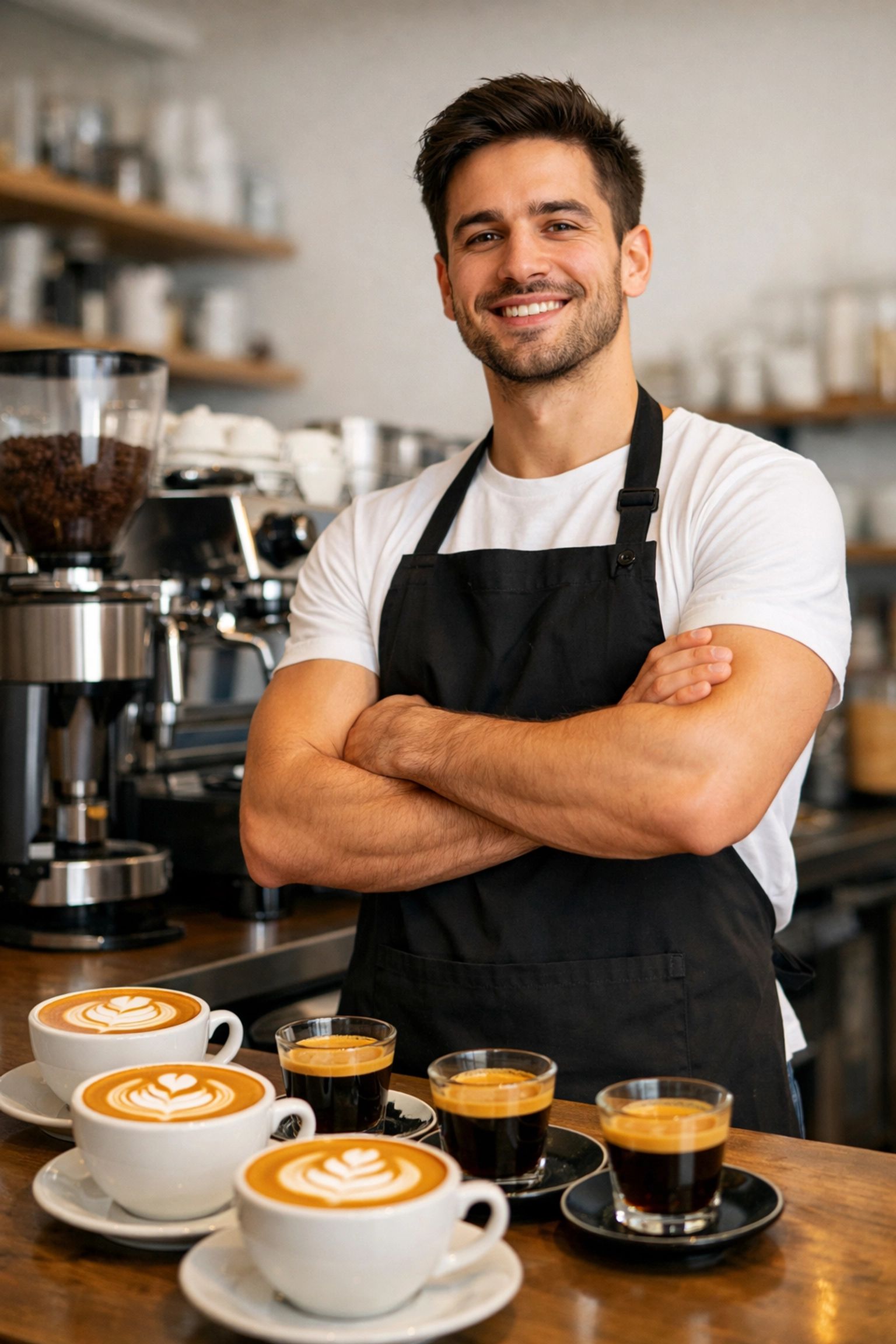 Confident barista with professional training standing behind quality coffee drinks with latte art
