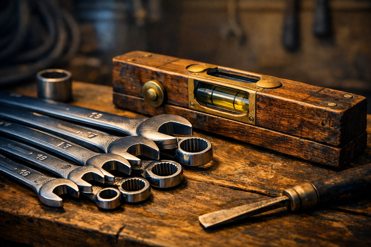 Professional tools on a workbench illustrating Oklahoma bankruptcy exemptions for personal livelihood.