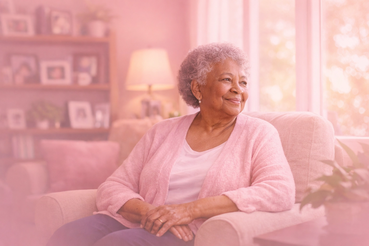 Senior woman relaxing in stable housing through senior housing assistance program