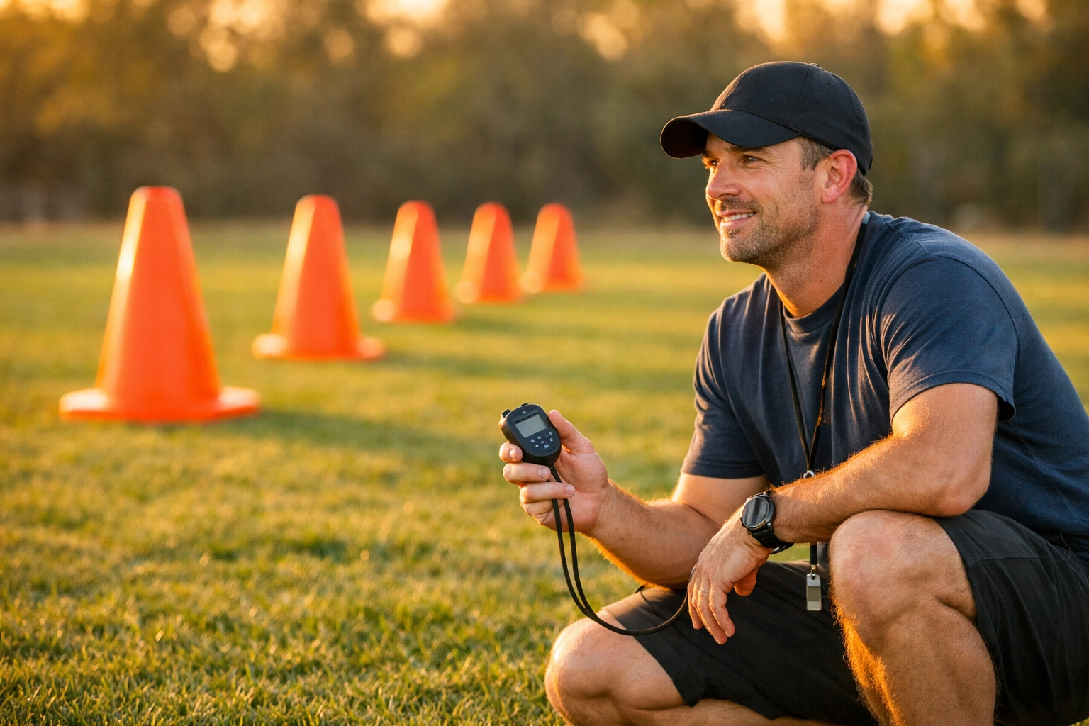 Youth coach using stopwatch and training cones on outdoor field for speed tracking
