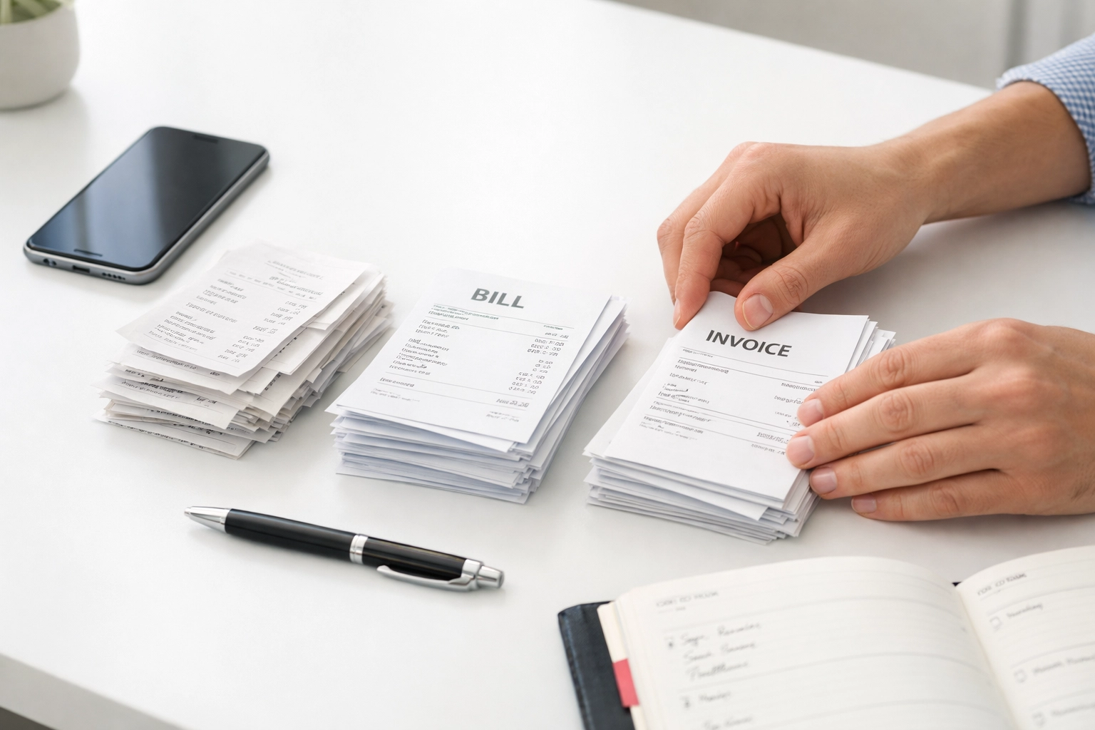 Hands organizing tax receipts and financial documents for small business tax preparation