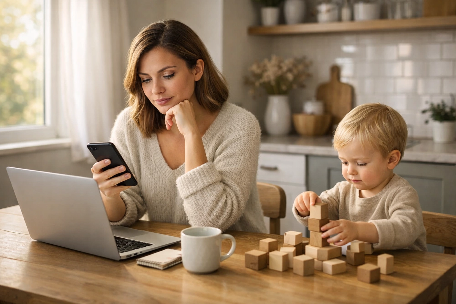 Parent researching daycare reviews online at home