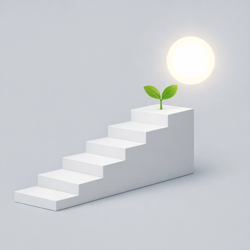 Steps leading to a sprout and light, symbolizing long-term growth and digital marketing strategy.