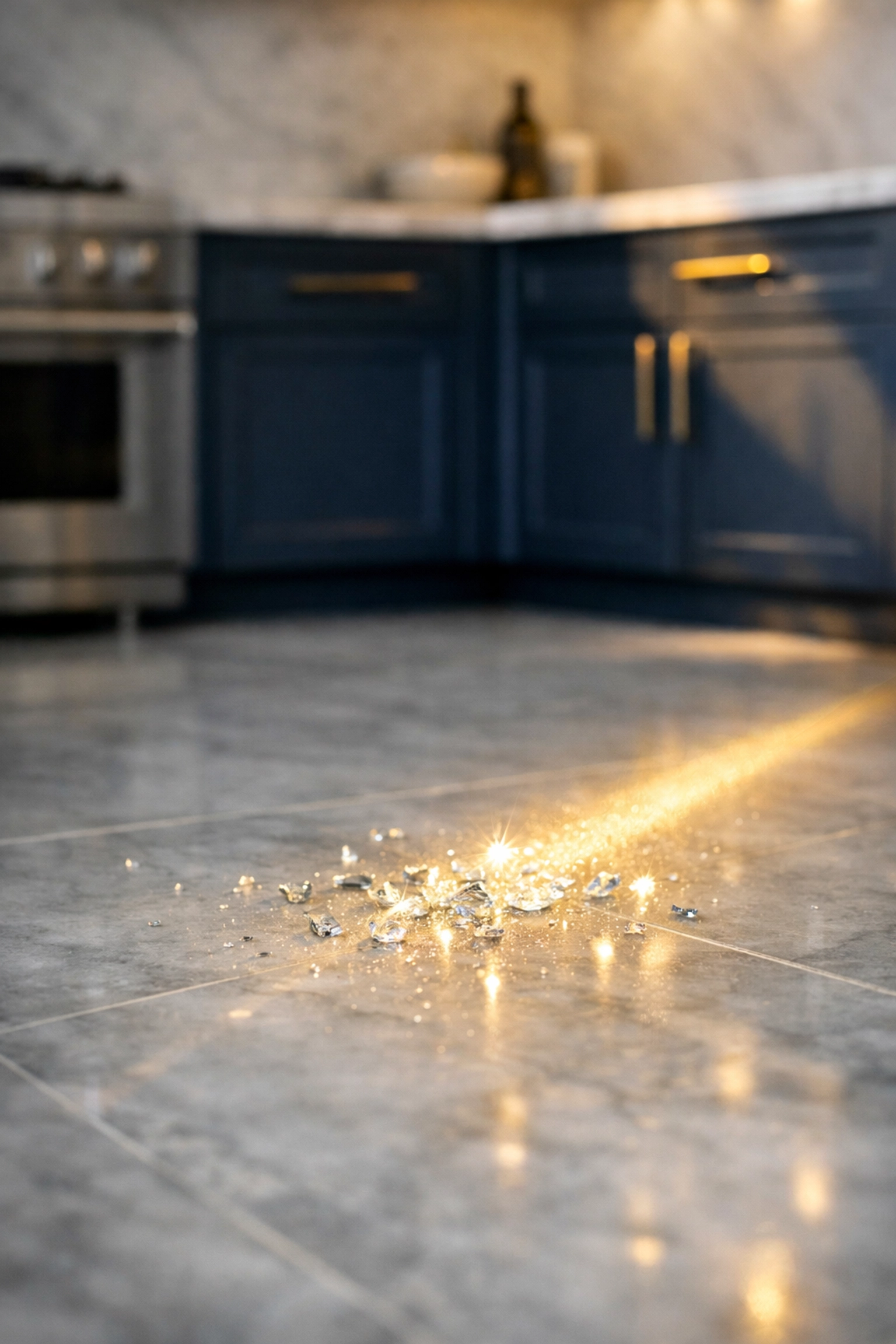Tiny glass fragments scattered on a modern marble kitchen floor, showing how shards hide.