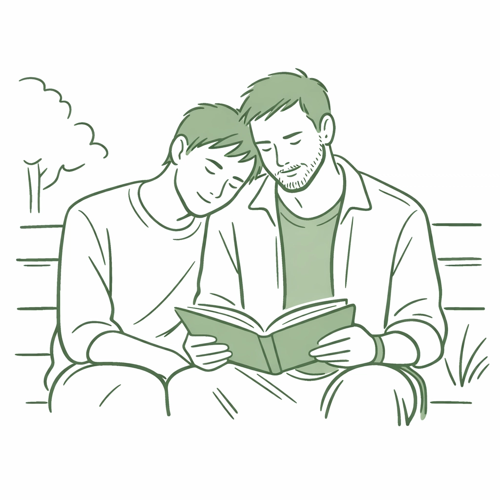 Two men sharing an emotional moment reading a book, representing intimacy in asexual and aromantic MM romance.