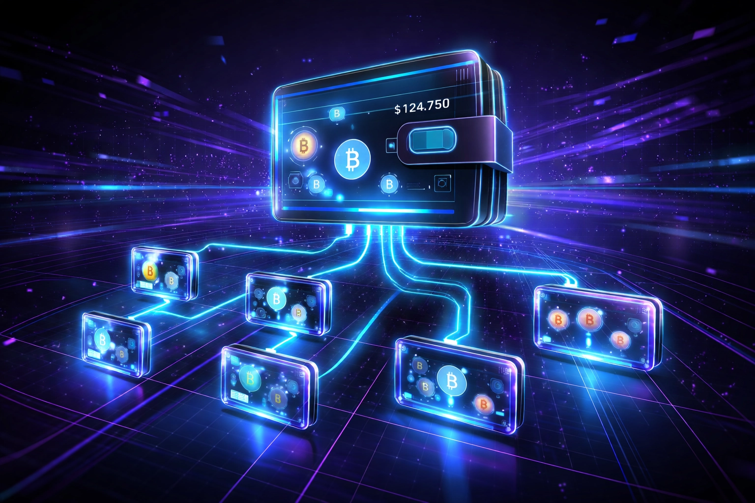 Digital wallet interface illustrating self-custody and hierarchical sub-wallets for crypto payments and POS solutions