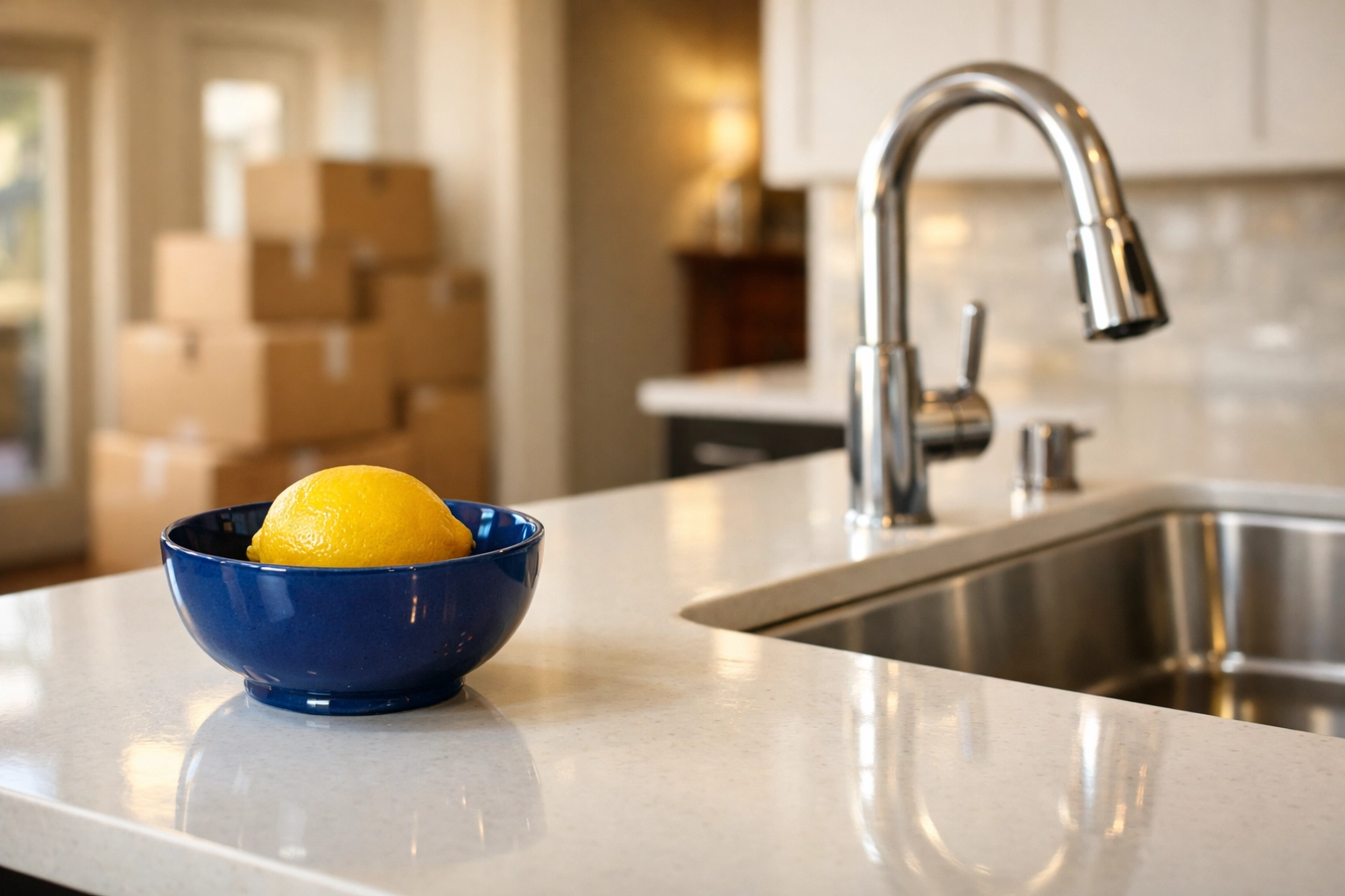 Sparkling clean kitchen with white countertops after professional maid services Lowell for a new move.