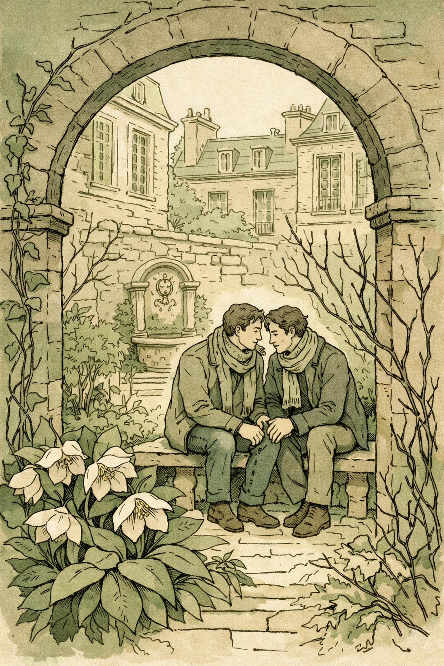 Gay couple shares intimate conversation on bench in hidden Marais courtyard garden