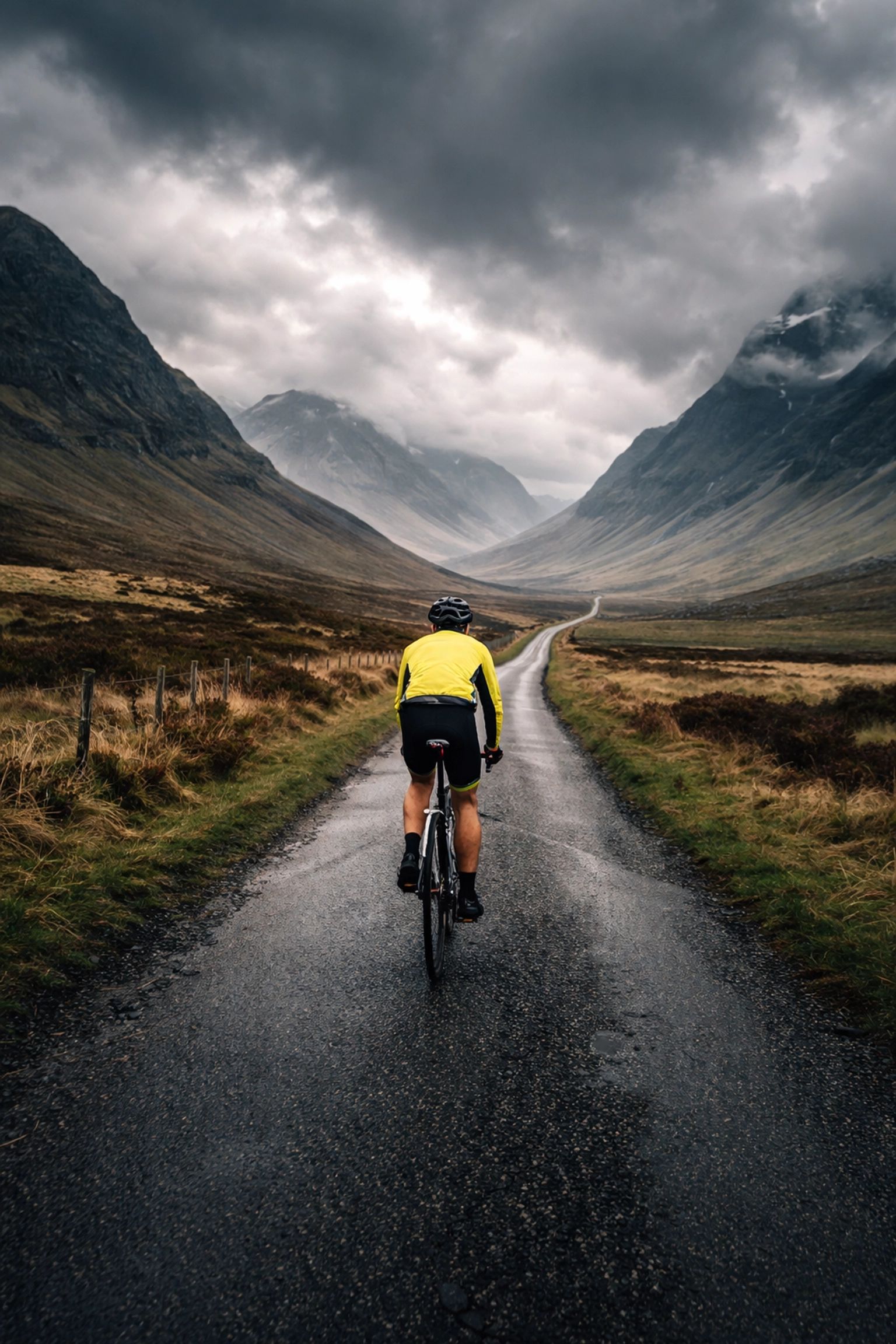 Cyclist rides a road bike through remote Scottish Highlands during a LEJOG supported ride challenge