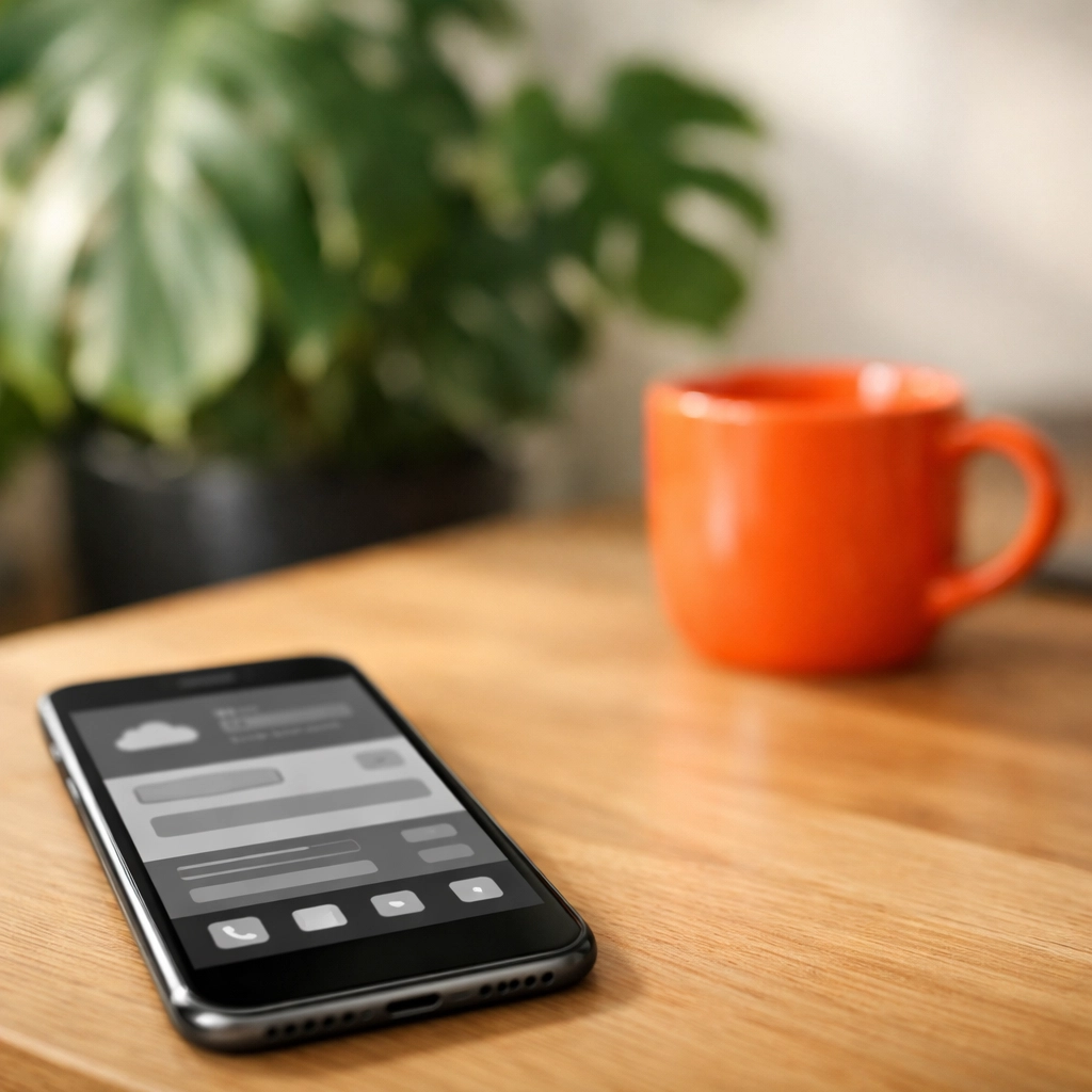 Smartphone with a grayscale screen on a minimalist desk to reduce digital addiction and distraction.