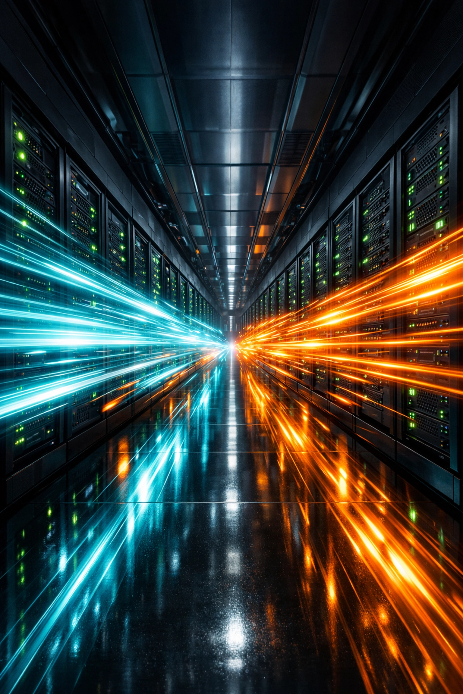 High-speed data flow in a futuristic server room representing fast AI crawler access and technical SEO performance.