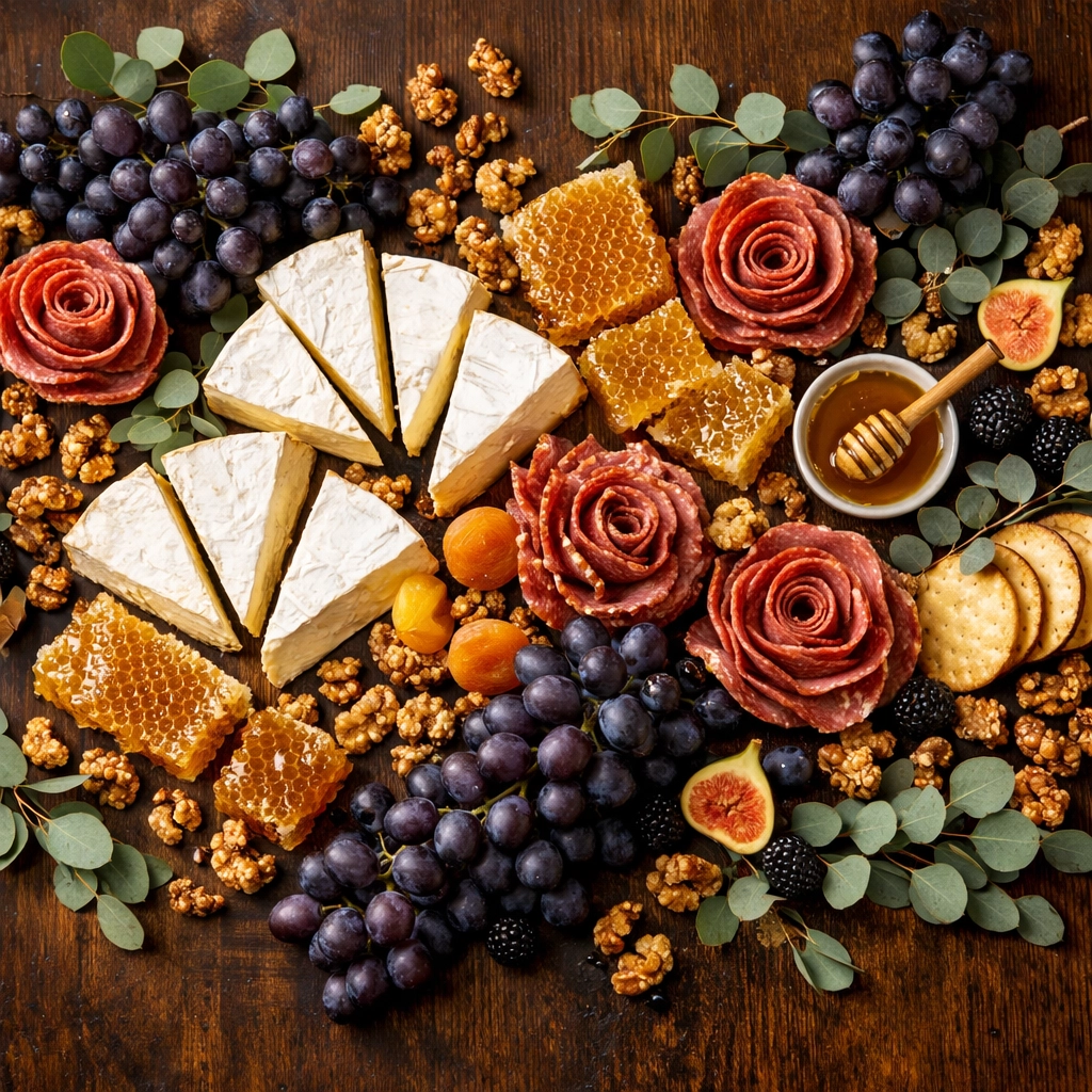 Luxurious wedding charcuterie grazing table with artisan meats and cheeses for an elegant reception feast.