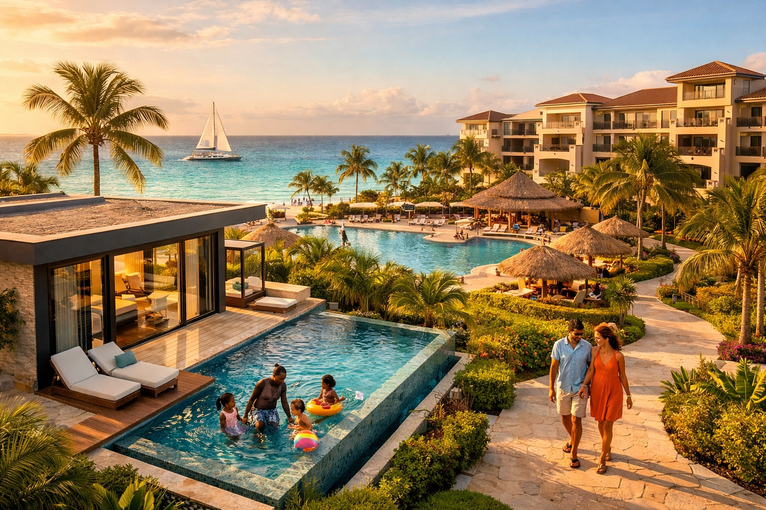 Beachfront resort showing villa and hotel options for group travel accommodations