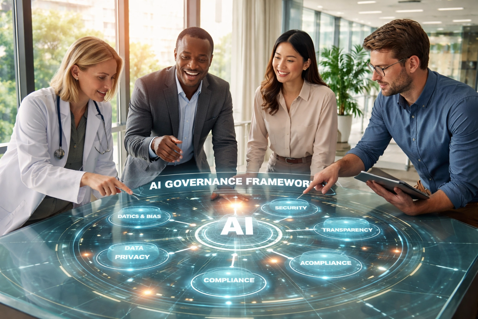 Diverse team collaborating on AI governance framework to improve AI risk management and policy